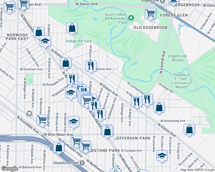 map of restaurants, bars, coffee shops, grocery stores, and more near 5861 North Elston Avenue in Chicago