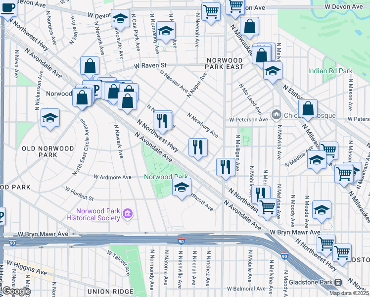 map of restaurants, bars, coffee shops, grocery stores, and more near 5835 North Northwest Highway in Chicago