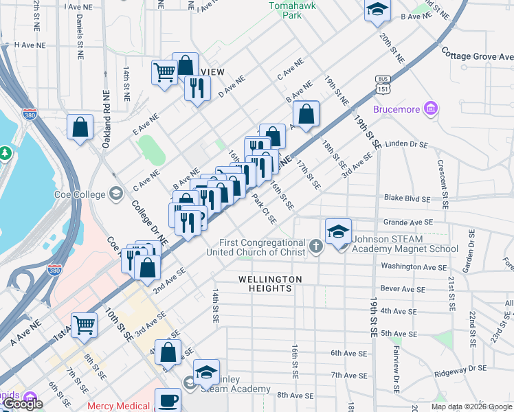 map of restaurants, bars, coffee shops, grocery stores, and more near 1545 2nd Avenue Southeast in Cedar Rapids