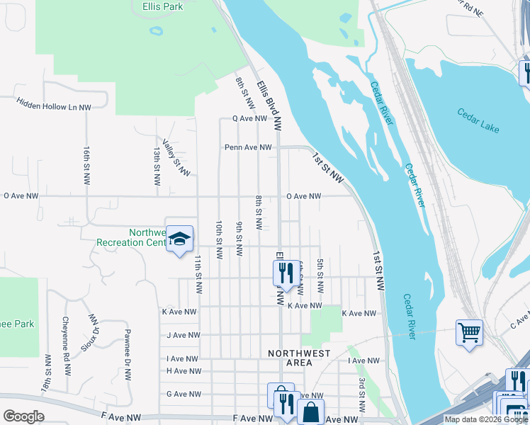 map of restaurants, bars, coffee shops, grocery stores, and more near 1501 8th Street Northwest in Cedar Rapids