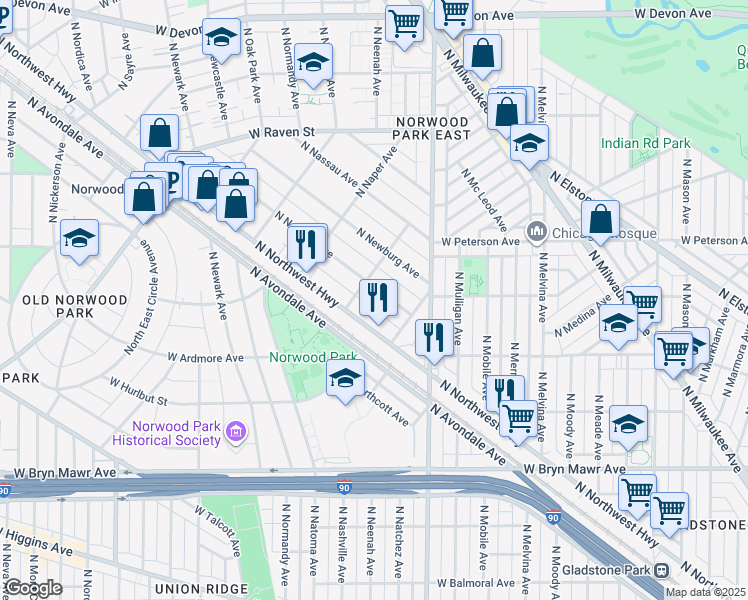 map of restaurants, bars, coffee shops, grocery stores, and more near 5835 North Northwest Highway in Chicago