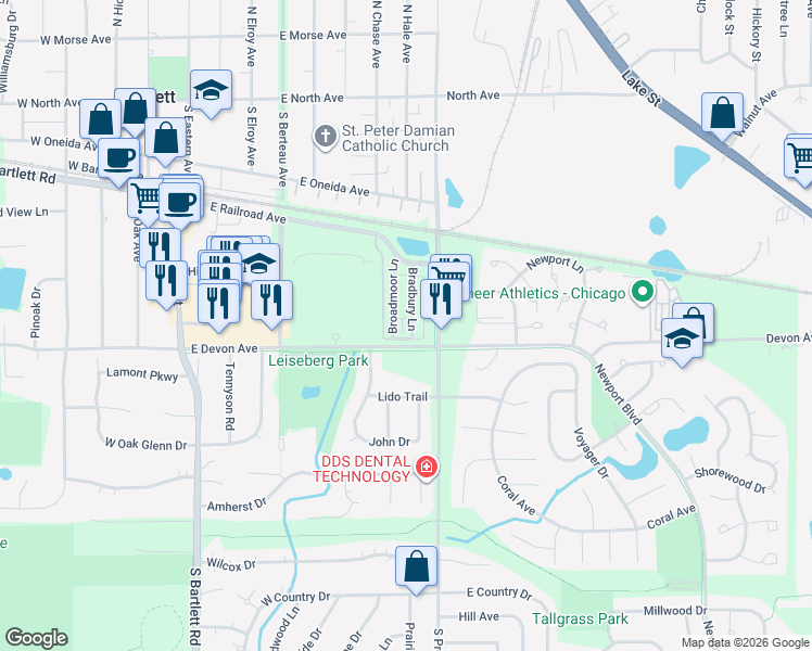 map of restaurants, bars, coffee shops, grocery stores, and more near 390 Broadmoor Lane in Bartlett
