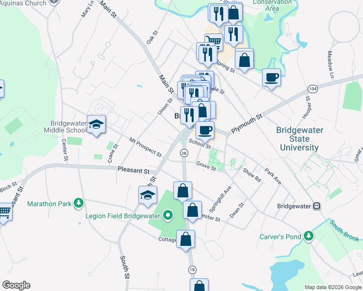 map of restaurants, bars, coffee shops, grocery stores, and more near 7 Bedford Street in Bridgewater