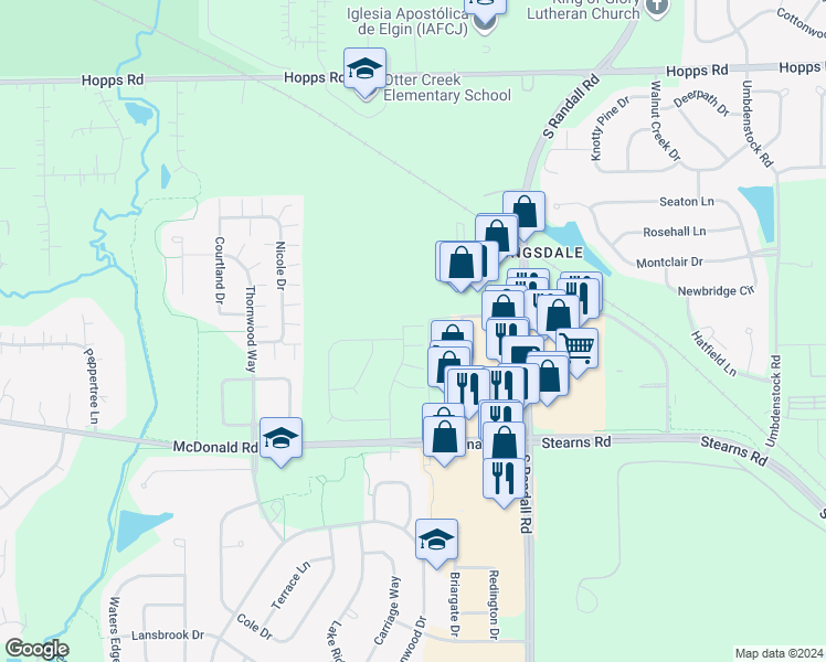 map of restaurants, bars, coffee shops, grocery stores, and more near 277 Robin Glen Lane in South Elgin