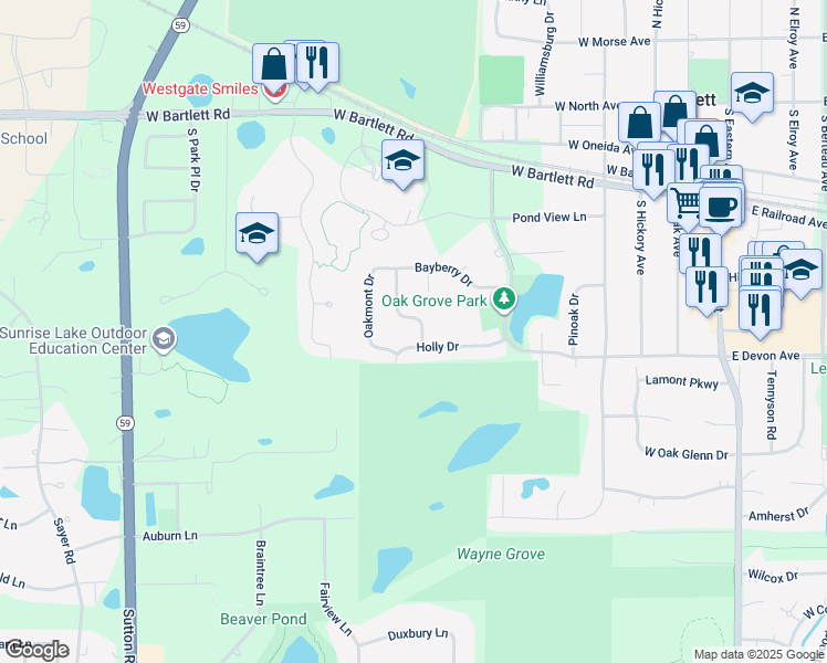 map of restaurants, bars, coffee shops, grocery stores, and more near 342 Terrace Drive in Bartlett