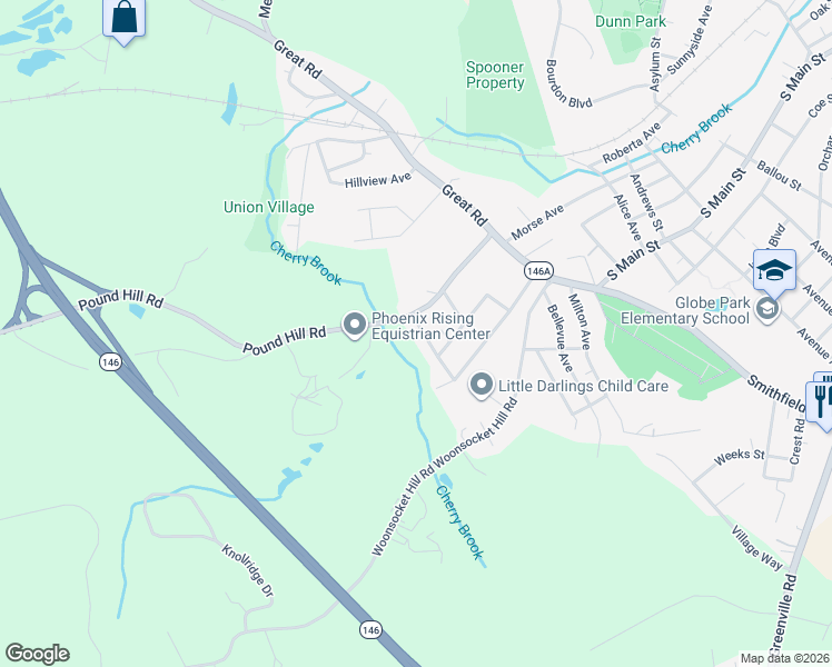map of restaurants, bars, coffee shops, grocery stores, and more near 24 Gilfillan Road in North Smithfield