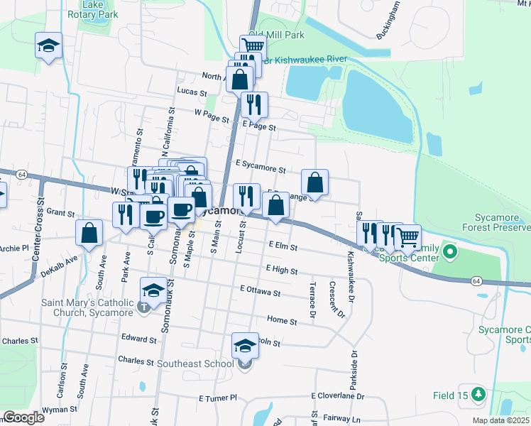 map of restaurants, bars, coffee shops, grocery stores, and more near 310 Illinois 64 in Sycamore