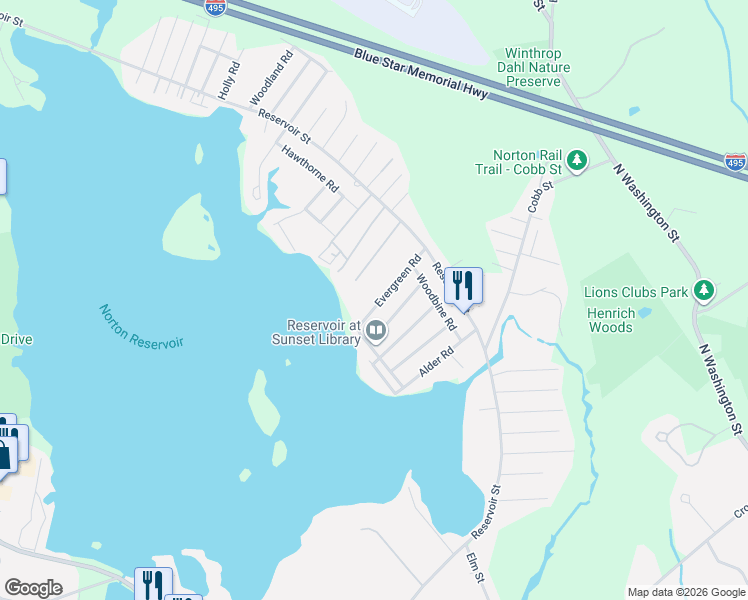 map of restaurants, bars, coffee shops, grocery stores, and more near 46 Evergreen Road in Norton