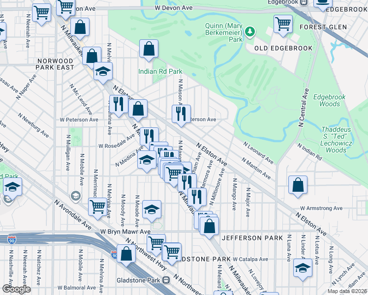 map of restaurants, bars, coffee shops, grocery stores, and more near 5848 North Mason Avenue in Chicago