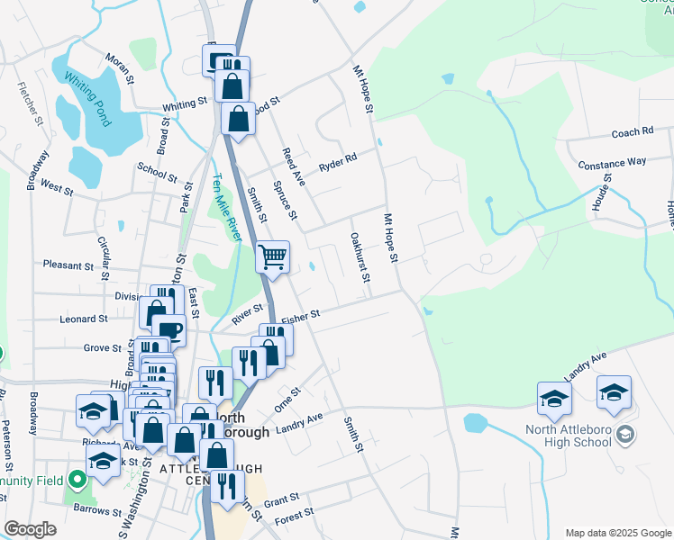 map of restaurants, bars, coffee shops, grocery stores, and more near 16 Ba Drive in North Attleborough