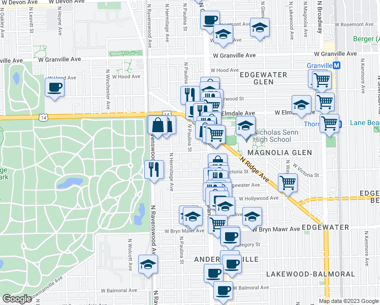 map of restaurants, bars, coffee shops, grocery stores, and more near N Paulina St & W Thorndale Ave in Chicago