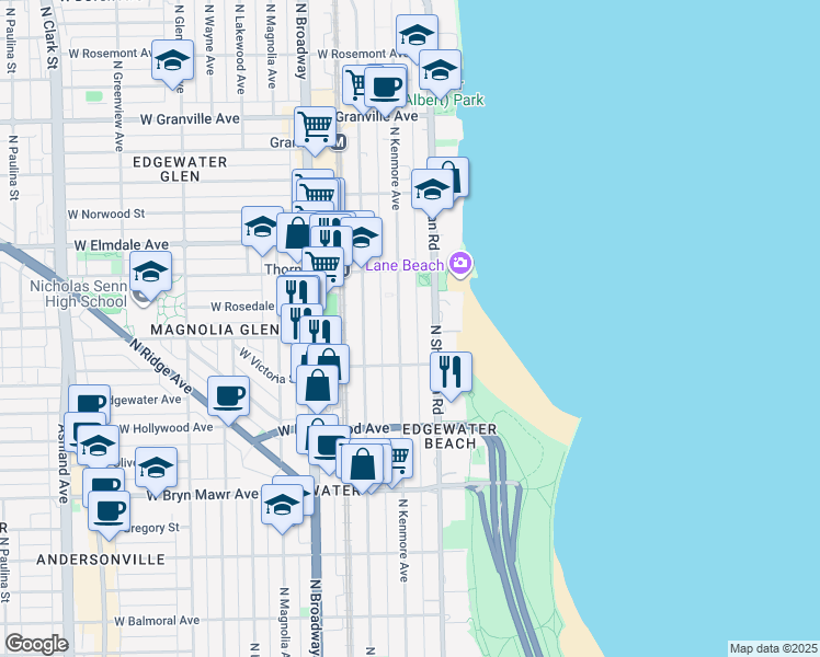 map of restaurants, bars, coffee shops, grocery stores, and more near 5822 North Kenmore Avenue in Chicago