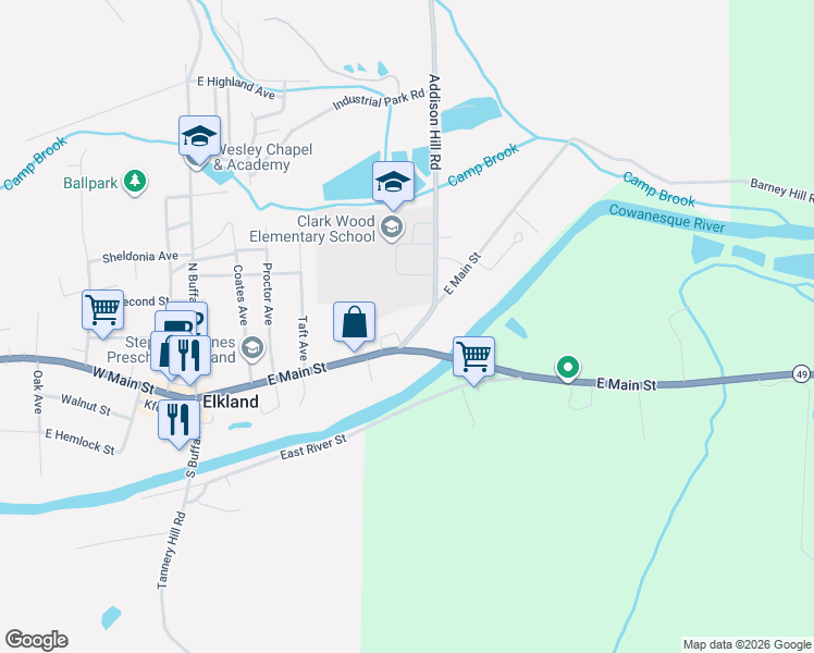 map of restaurants, bars, coffee shops, grocery stores, and more near 509 E Main St in Elkland