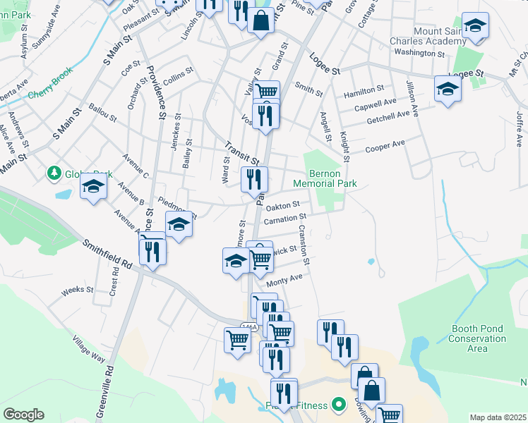 map of restaurants, bars, coffee shops, grocery stores, and more near 1119 Park Avenue in Woonsocket