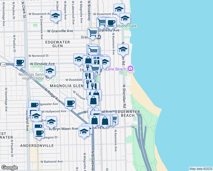 map of restaurants, bars, coffee shops, grocery stores, and more near 5822 North Winthrop Avenue in Chicago