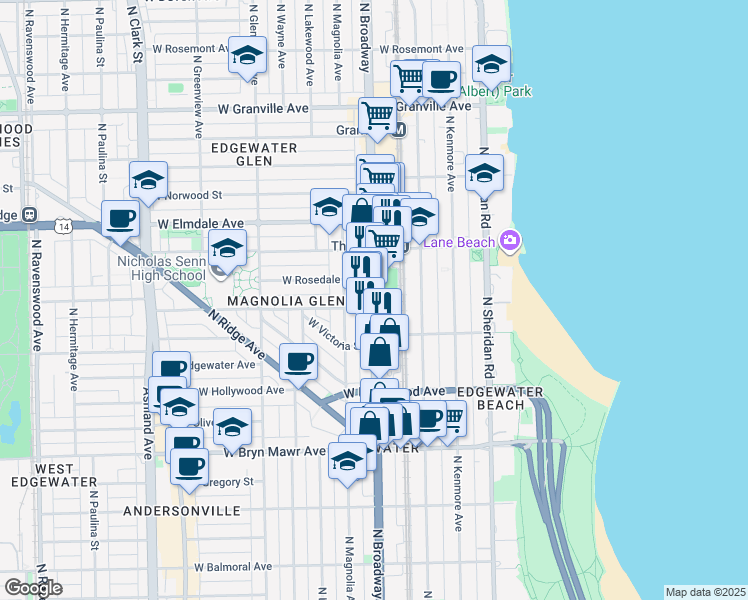 map of restaurants, bars, coffee shops, grocery stores, and more near 5839 North Broadway in Chicago