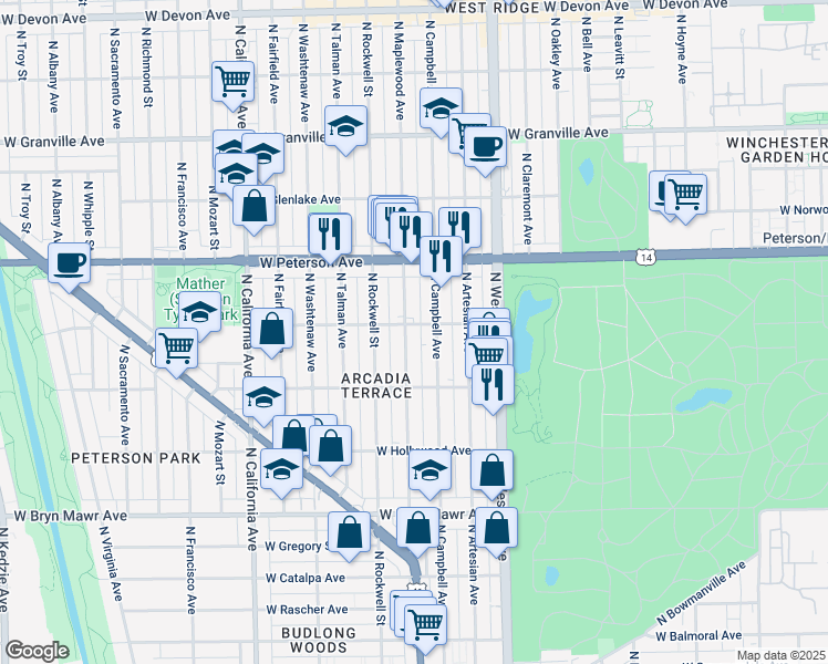 map of restaurants, bars, coffee shops, grocery stores, and more near 5841 North Maplewood Avenue in Chicago