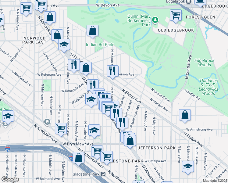 map of restaurants, bars, coffee shops, grocery stores, and more near 5848 North Mason Avenue in Chicago