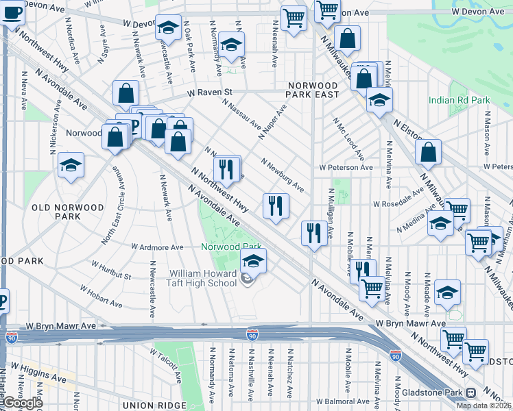 map of restaurants, bars, coffee shops, grocery stores, and more near 5835 North Northwest Highway in Chicago