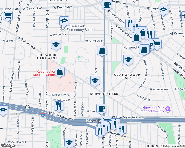 map of restaurants, bars, coffee shops, grocery stores, and more near 5900 North Oconto Avenue in Chicago