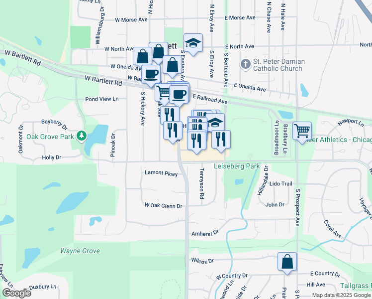 map of restaurants, bars, coffee shops, grocery stores, and more near 399 South Main Street in Bartlett