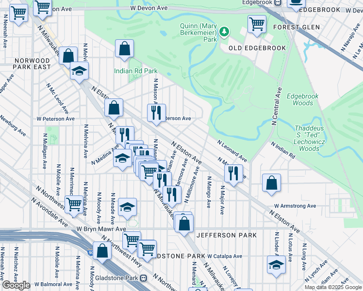 map of restaurants, bars, coffee shops, grocery stores, and more near 5877 North Elston Avenue in Chicago