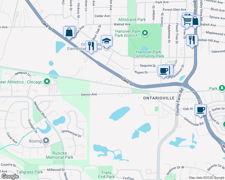 map of restaurants, bars, coffee shops, grocery stores, and more near 2086 East Devon Avenue in Hanover Park