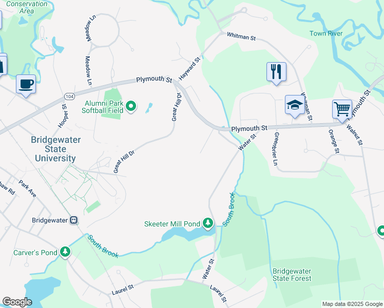 map of restaurants, bars, coffee shops, grocery stores, and more near 55 Edgehill Drive in Bridgewater