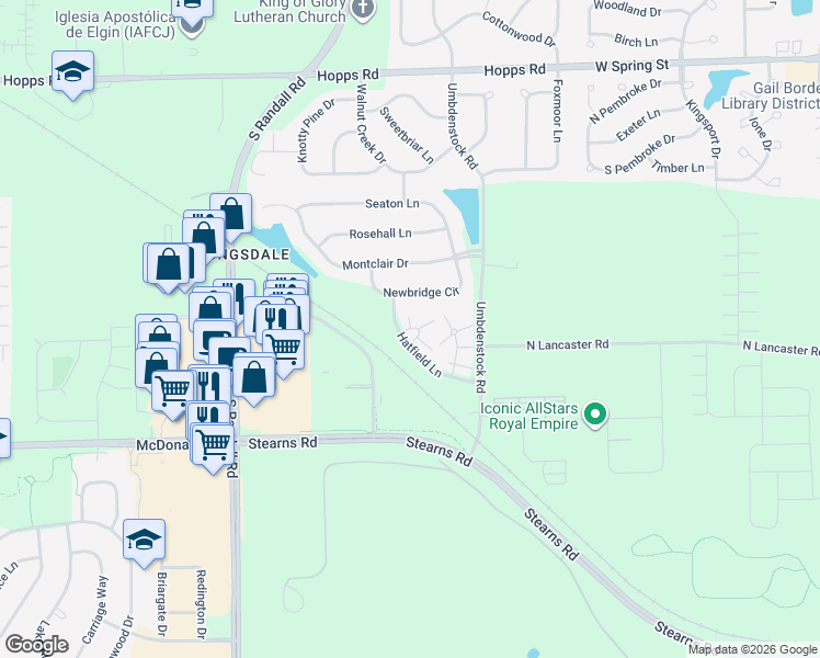 map of restaurants, bars, coffee shops, grocery stores, and more near 2504 Hatfield Court in Elgin