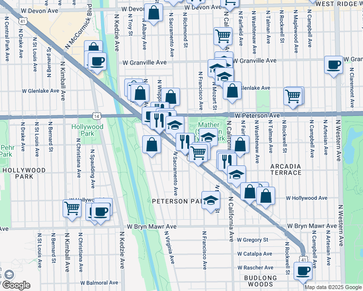 map of restaurants, bars, coffee shops, grocery stores, and more near 5875 North Lincoln Avenue in Chicago