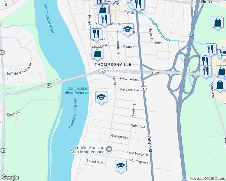map of restaurants, bars, coffee shops, grocery stores, and more near 214 Pearl Street in Enfield