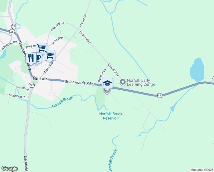 map of restaurants, bars, coffee shops, grocery stores, and more near 128 Greenwoods Road East in Litchfield County
