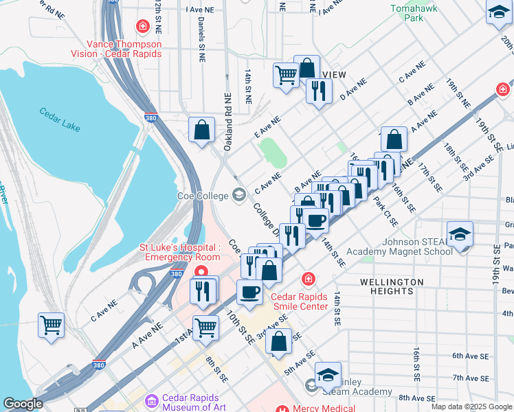 map of restaurants, bars, coffee shops, grocery stores, and more near College Dr NE in Cedar Rapids
