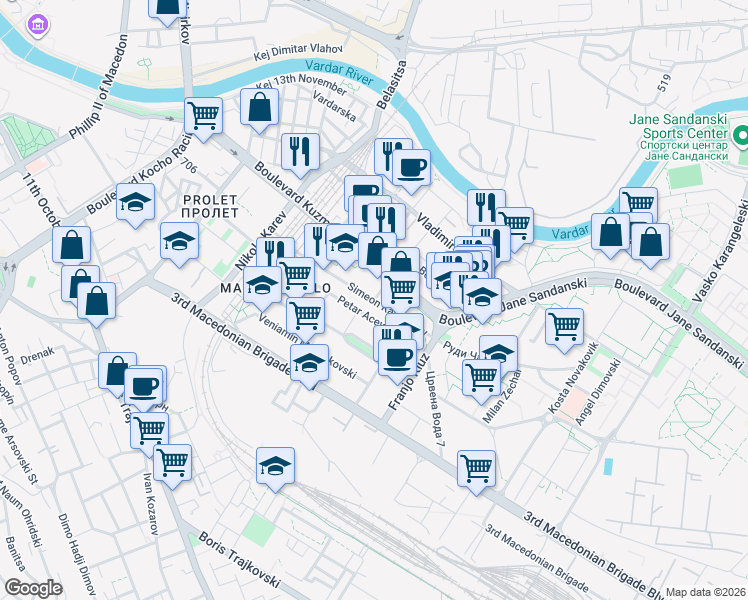 map of restaurants, bars, coffee shops, grocery stores, and more near Simeon Kavrakirov in Skopje