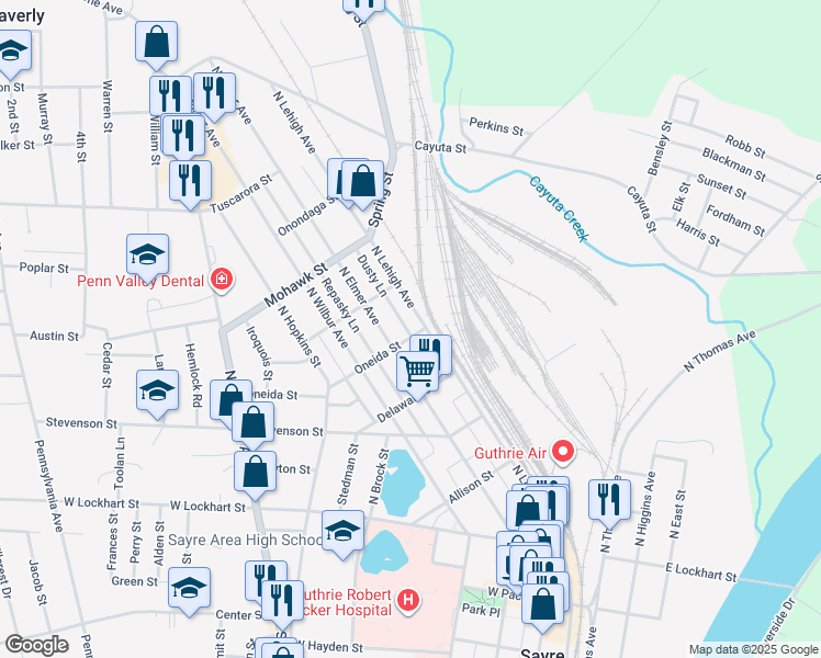 map of restaurants, bars, coffee shops, grocery stores, and more near 100 Oneida Street in Sayre