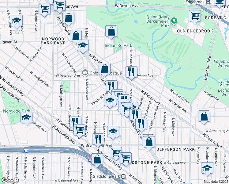 map of restaurants, bars, coffee shops, grocery stores, and more near 5813 North Milwaukee Avenue in Chicago