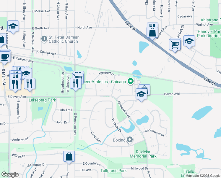 map of restaurants, bars, coffee shops, grocery stores, and more near 380 Newport Lane in Bartlett