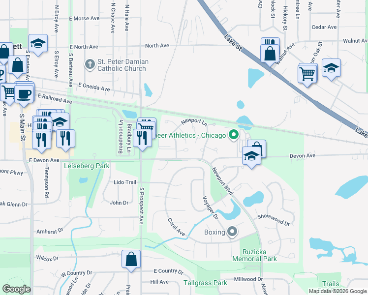 map of restaurants, bars, coffee shops, grocery stores, and more near 684 Wilmington Drive in Bartlett