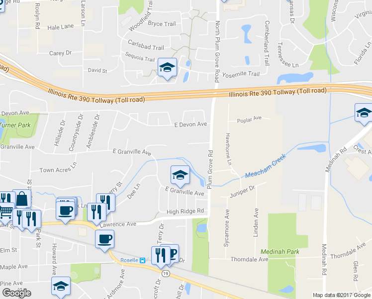 map of restaurants, bars, coffee shops, grocery stores, and more near 705 Parkview Court in Roselle