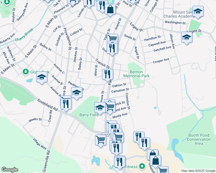 map of restaurants, bars, coffee shops, grocery stores, and more near 1119 Park Avenue in Woonsocket