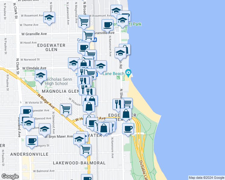 map of restaurants, bars, coffee shops, grocery stores, and more near 5822 North Kenmore Avenue in Chicago