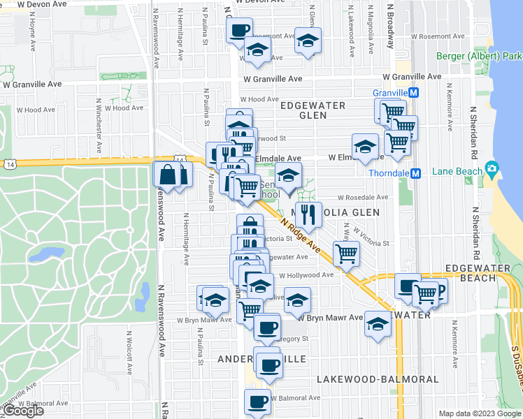 map of restaurants, bars, coffee shops, grocery stores, and more near 1535 West Ardmore Avenue in Chicago
