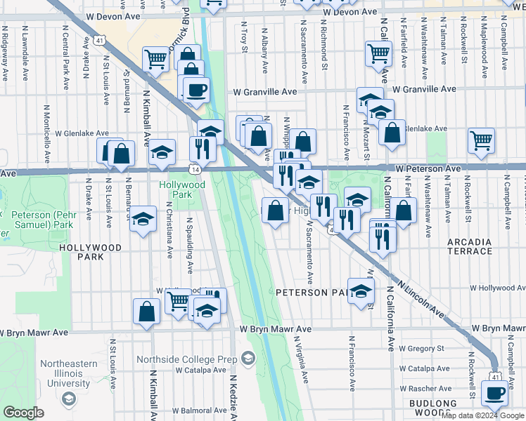 map of restaurants, bars, coffee shops, grocery stores, and more near 5843 North Virginia Avenue in Chicago