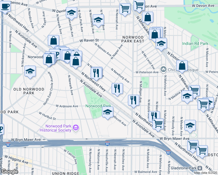 map of restaurants, bars, coffee shops, grocery stores, and more near 5835 North Northwest Highway in Chicago