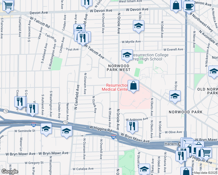 map of restaurants, bars, coffee shops, grocery stores, and more near 5931 North Ottawa Avenue in Chicago
