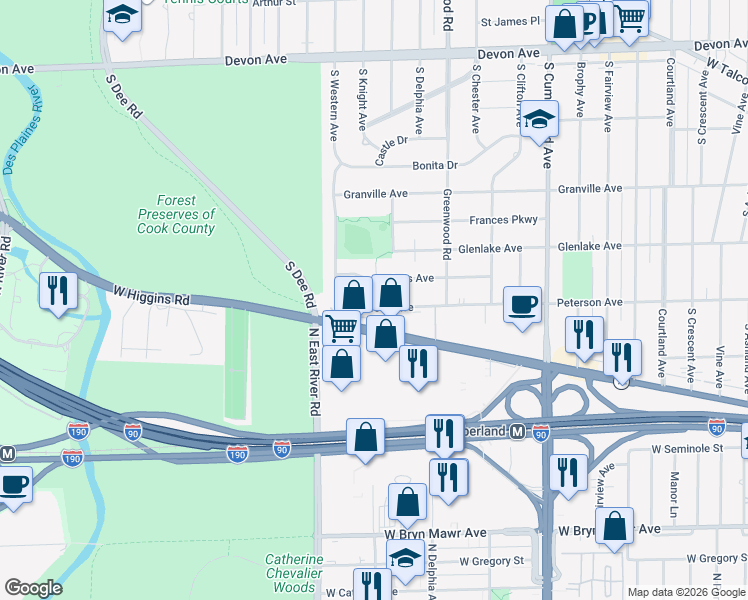 map of restaurants, bars, coffee shops, grocery stores, and more near 1440 West Higgins Road in Park Ridge