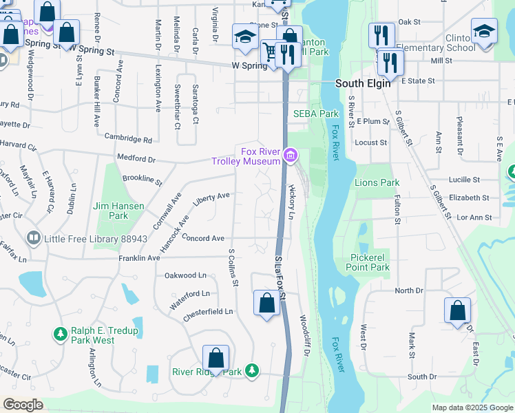map of restaurants, bars, coffee shops, grocery stores, and more near 327/1 Windsor Court in South Elgin
