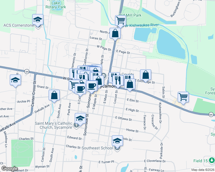 map of restaurants, bars, coffee shops, grocery stores, and more near in Sycamore