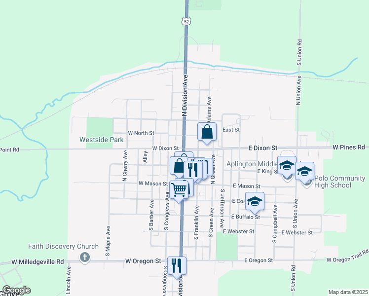 map of restaurants, bars, coffee shops, grocery stores, and more near 208 North Division Avenue in Polo