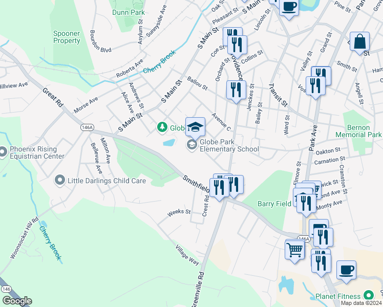 map of restaurants, bars, coffee shops, grocery stores, and more near 192 Avenue A in Woonsocket